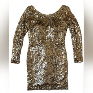 Jovani Gold Sequined Long Sleeved Mini Cocktail Dress, Deep V Back Bow